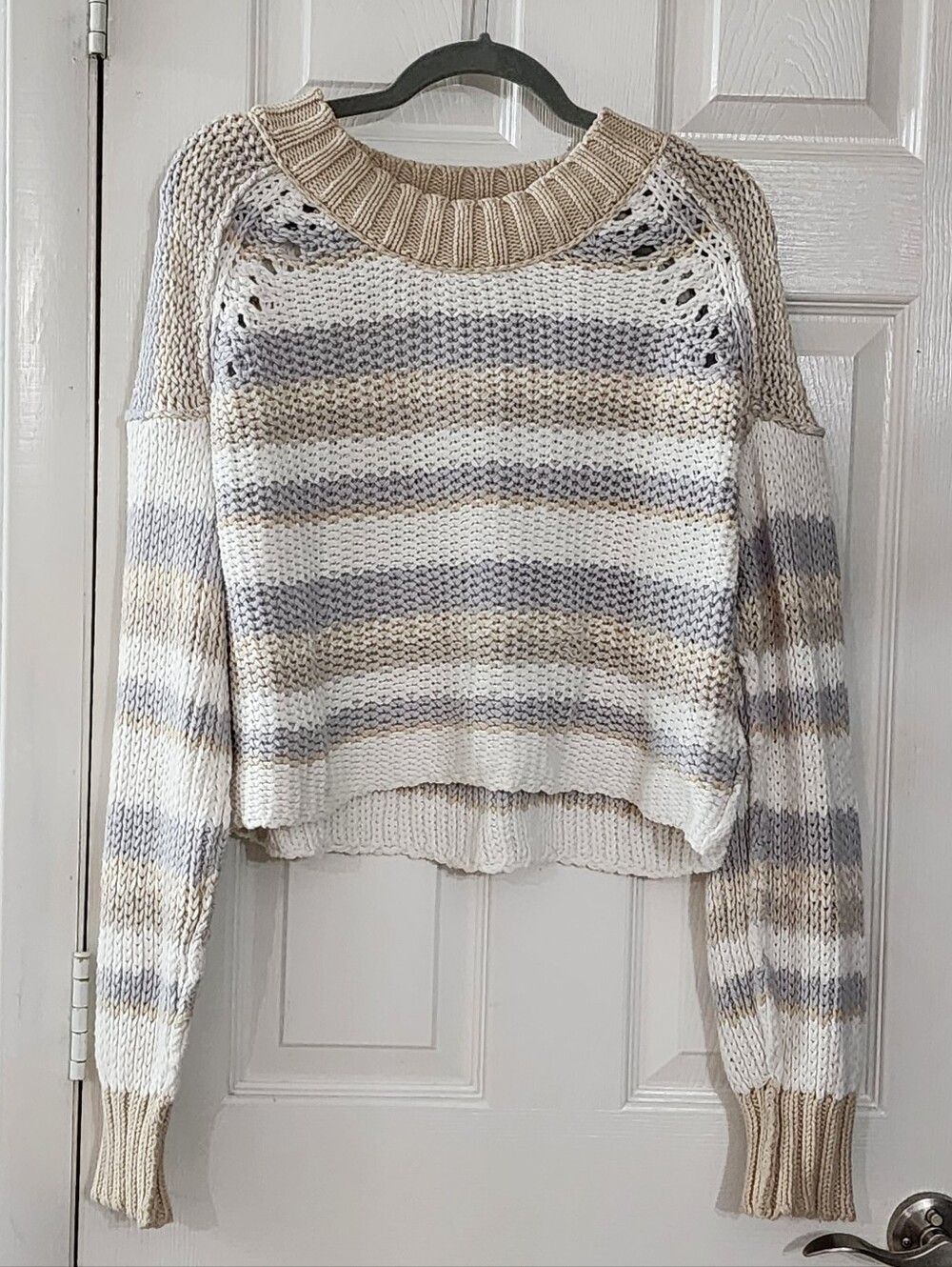 Free People Devon Striped Chunky Knit Cropped Sweater Neutral Cream Grey L